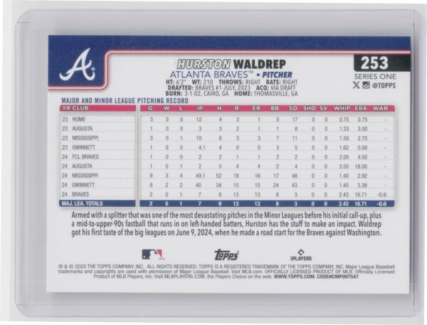 2025 Topps Hurston Waldrep RC #253 Braves - Image 3