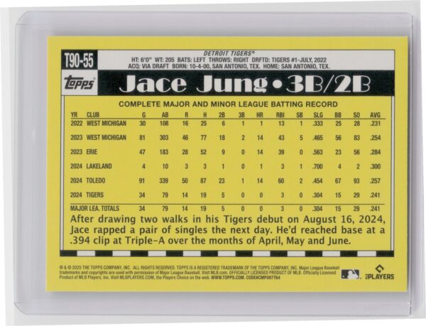 2025 Topps Jace Jung #T90-55 Tigers 1990 Topps Baseball 35th Anniversary - Image 3