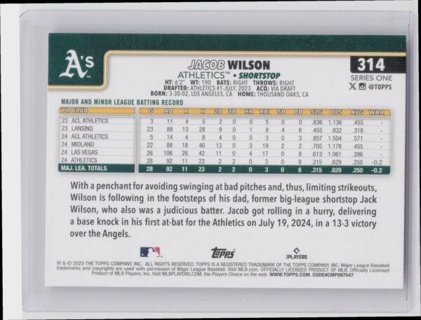 2025 Topps Jacob Wilson RC #314 Athletics - Image 3