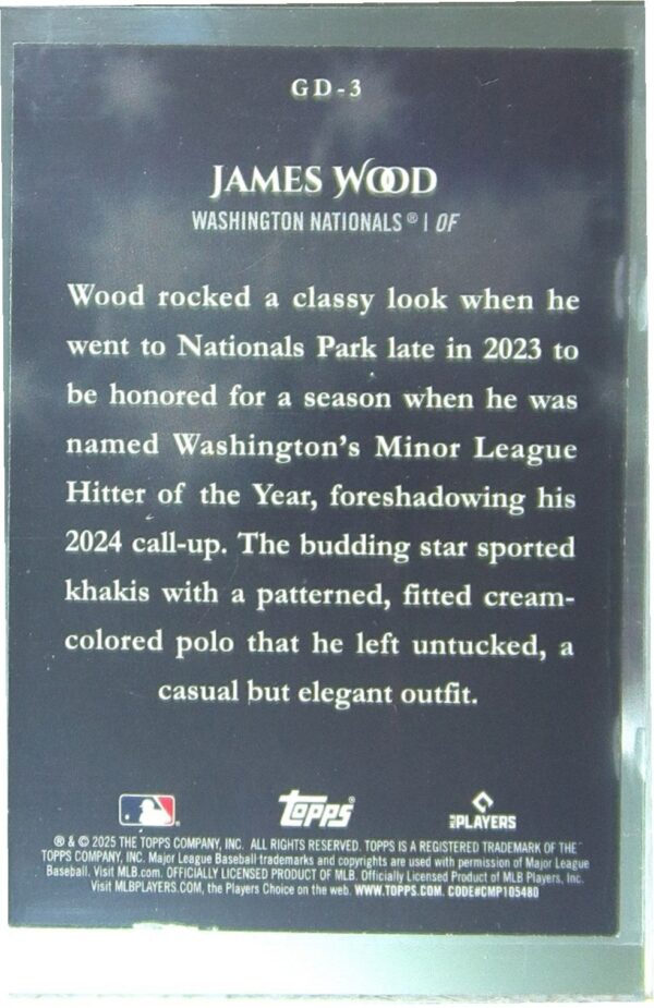 2025 Topps James Wood RC #GD-3 Nationals Gameday Drip - Image 3