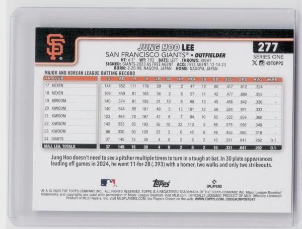 2025 Topps Jung Hoo Lee Rainbow Foil #277 Giants - Image 3