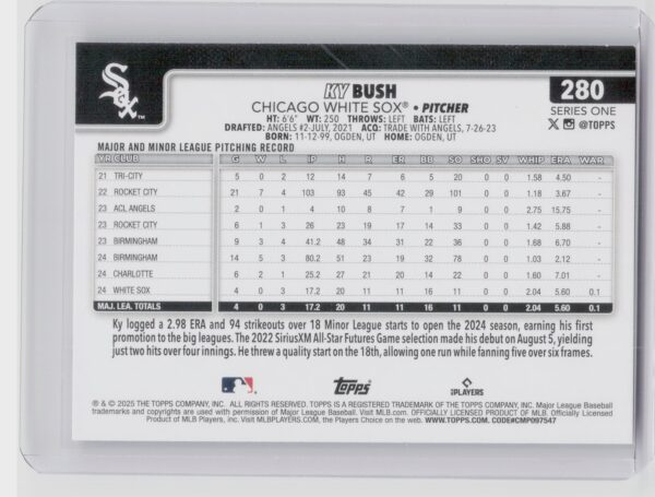 2025 Topps Ky Bush RC #280 Sox - Image 3