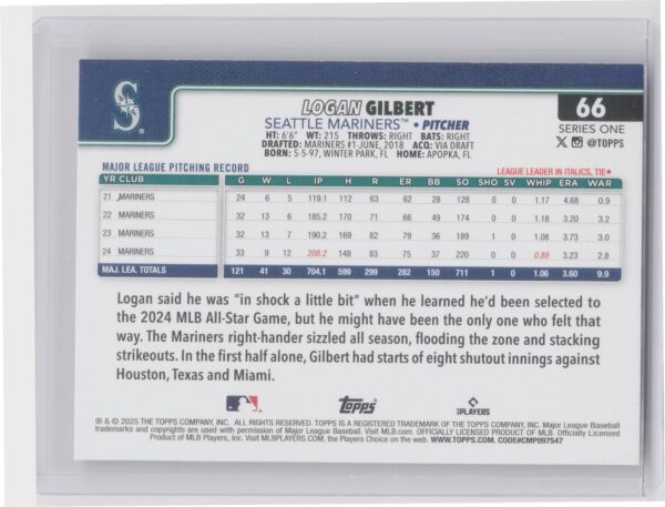 2025 Topps Logan Gilbert Diamante Foil #66 Mariners - Image 3
