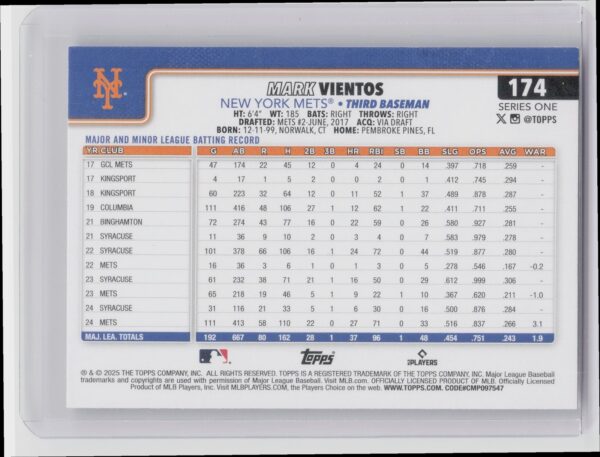 2025 Topps Mark Vientos Diamante Foil #174 Mets - Image 3