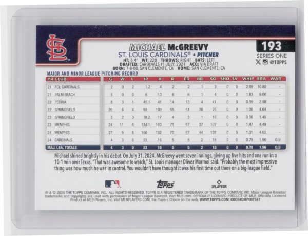2025 Topps Michael McGreevy RC #193 Cardinals - Image 3