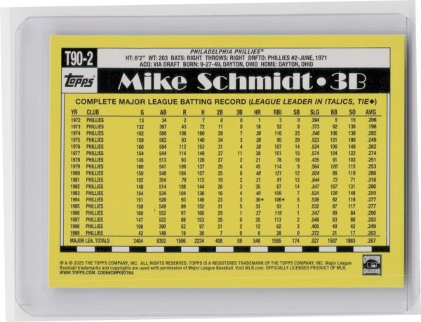 2025 Topps Mike Schmidt #T90-2 Phillies 1990 Topps Baseball 35th Anniversary - Image 3