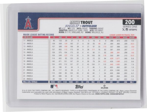 2025 Topps Mike Trout #200 Angels - Image 3