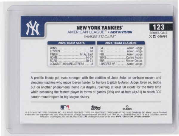 2025 Topps New York Yankees #123 Yankees - Image 3
