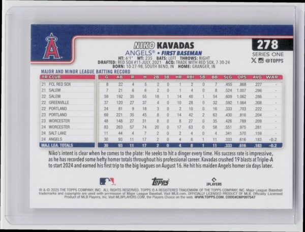 2025 Topps Niko Kavadas RC #278 Angels - Image 3