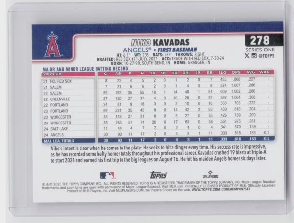 2025 Topps Niko Kavadas RC #278 Angels - Image 3