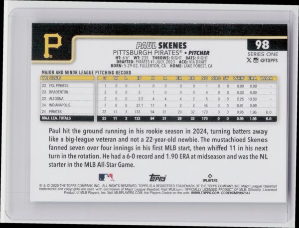 2025 Topps Paul Skenes #98 Pirates - Image 3