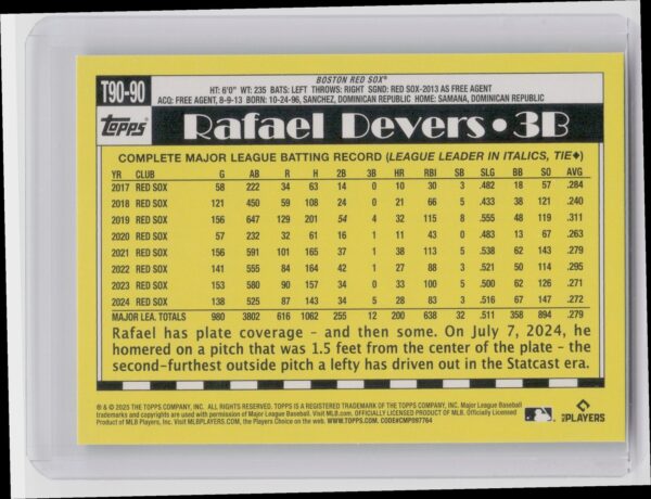 2025 Topps Rafael Devers #T90-90 Sox 1990 Topps Baseball 35th Anniversary - Image 3
