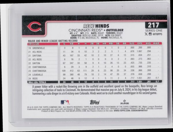 2025 Topps Rece Hinds RC #217 Reds - Image 3