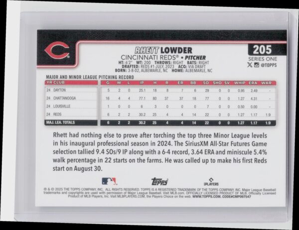 2025 Topps Rhett Lowder RC #205 Reds - Image 3
