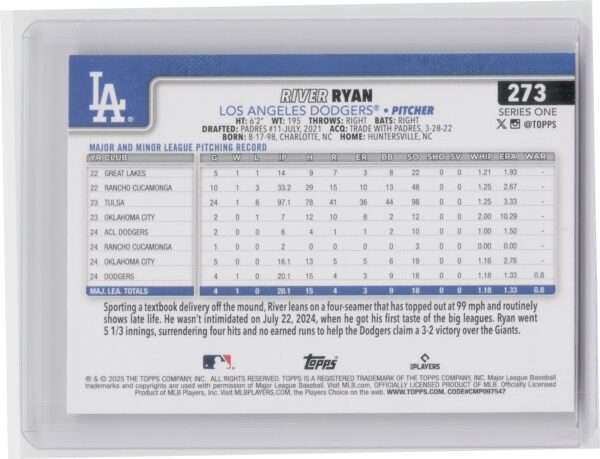 2025 Topps River Ryan RC #273 Dodgers - Image 3