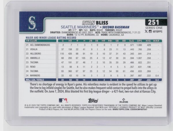 2025 Topps Ryan Bliss RC #251 Mariners - Image 3