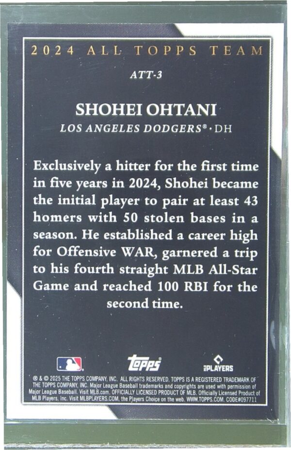 2025 Topps Shohei Ohtani #ATT-3 Dodgers 2024 All Topps Team - Image 3