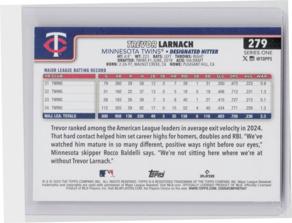 2025 Topps Trevor Larnach Rainbow Foil #279 Twins - Image 3