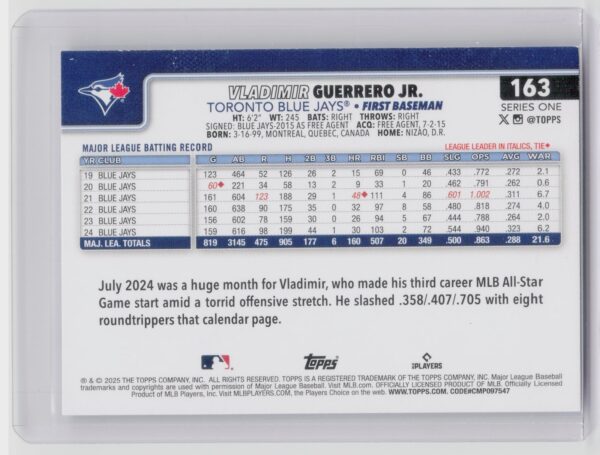 2025 Topps Vladimir Guerrero Jr. #163 Jays - Image 3