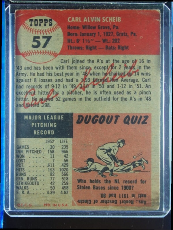 1953 Topps Carl Scheib #57 Athletics - Image 3