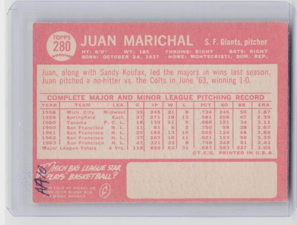 1964 Topps Juan Marichal #280 Giants - Image 3