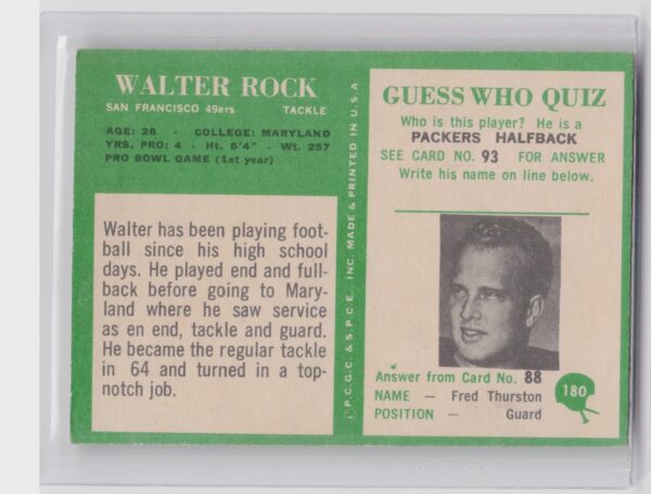 1966 Philadelphia Walter Rock RC #180 49ers - Image 3