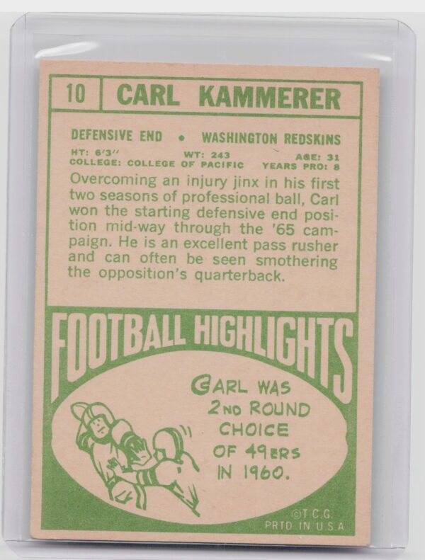 1968 Topps Carl Kammerer RC #10 Redskins - Image 3