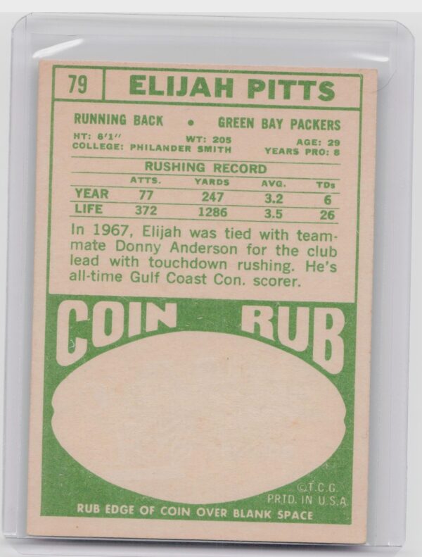 1968 Topps Elijah Pitts #79 Packers - Image 3