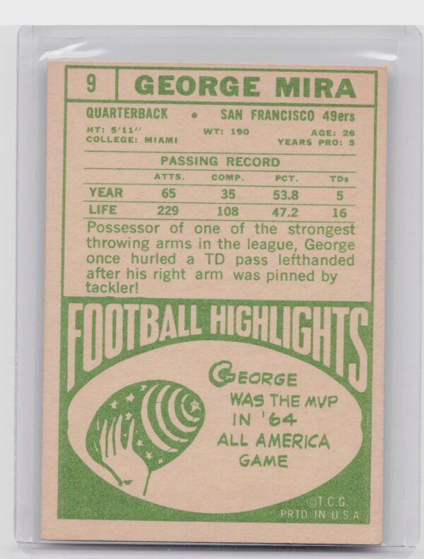 1968 Topps George Mira #9 49ers - Image 3