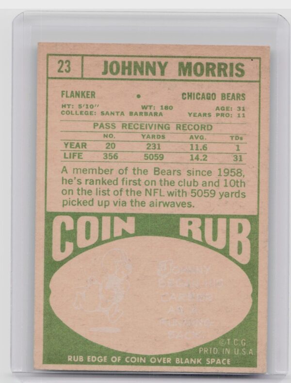 1968 Topps Johnny Morris #23 Bears - Image 3