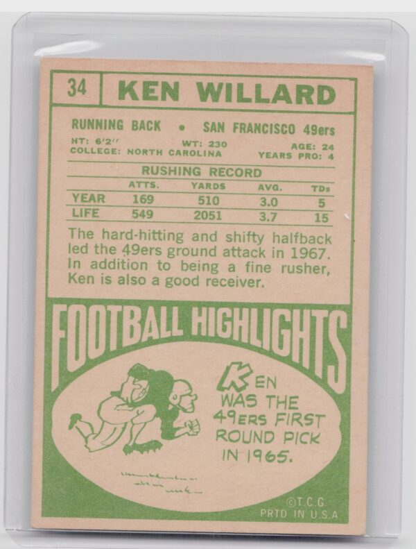 1968 Topps Ken Willard #34 49ers - Image 3