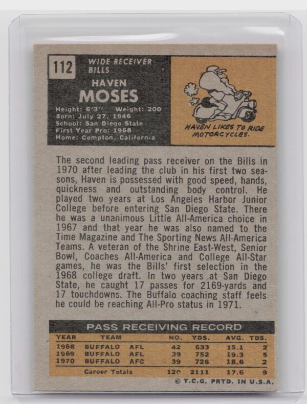 1971 Topps Haven Moses #112 Bills - Image 3