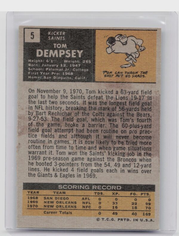 1971 Topps Tom Dempsey #5 Saints - Image 3