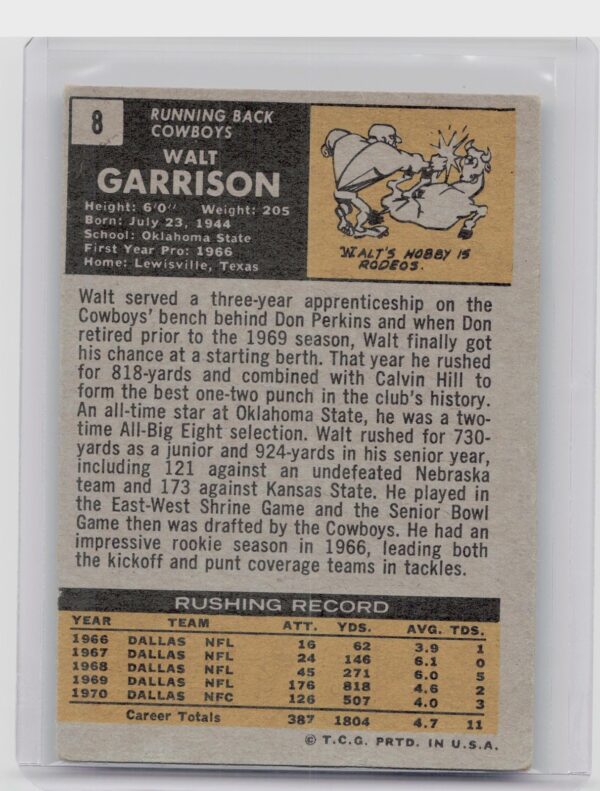 1971 Topps Walt Garrison RC #8 Cowboys - Image 3