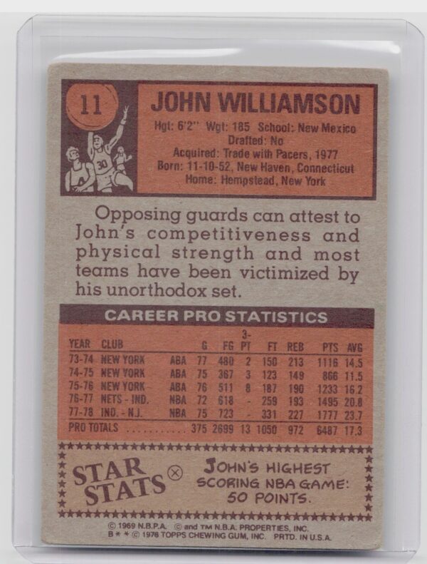 1978-79 Topps John Williamson #11 Nets - Image 3