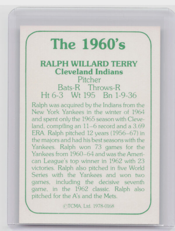 1978 TCMA The 1960's I Ralph Terry #0168 Indians - Image 3