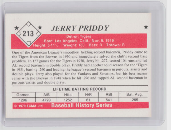 1979 TCMA The 1950’s Jerry Priddy #213 Tigers - Image 3
