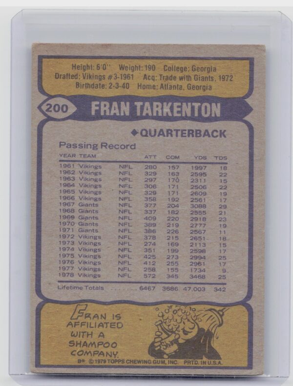 1979 Topps Fran Tarkenton #200 Vikings - Image 3