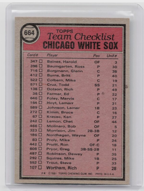 1981 Topps Chicago White Sox / Tony LaRussa TC CL MGR #664 Sox - Image 3
