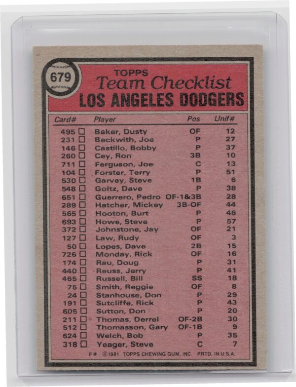1981 Topps Los Angeles Dodgers / Tom Lasorda TC CL MGR #679 Dodgers - Image 3