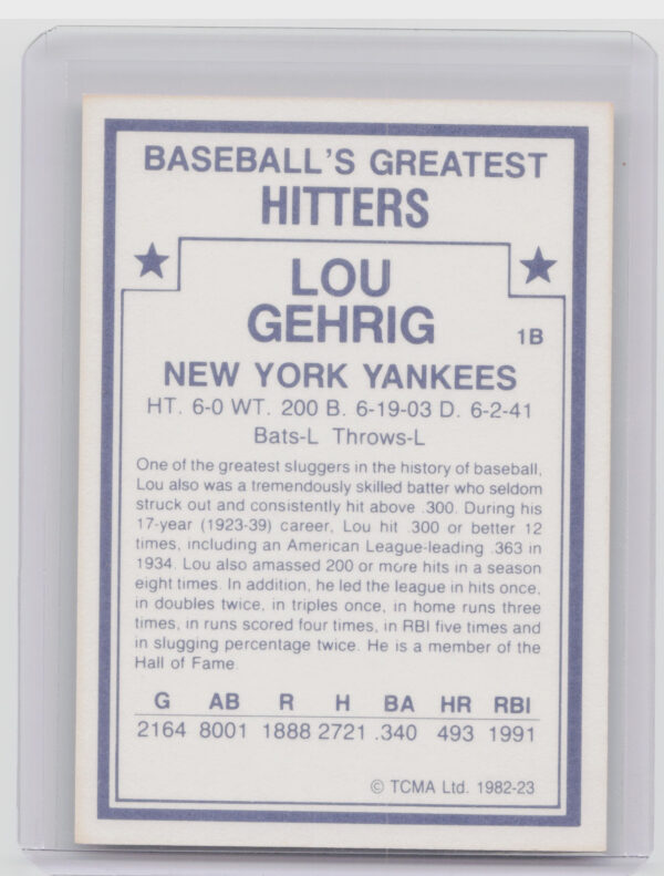 1982 TCMA Baseball's Greatest Hitters (White Back) Lou Gehrig #23 Yankees - Image 3