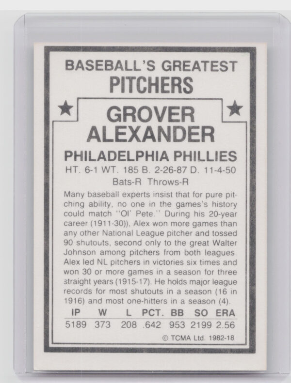 1982 TCMA Baseball's Greatest Pitchers (White Back) Grover Alexander #18 Phillie - Image 3