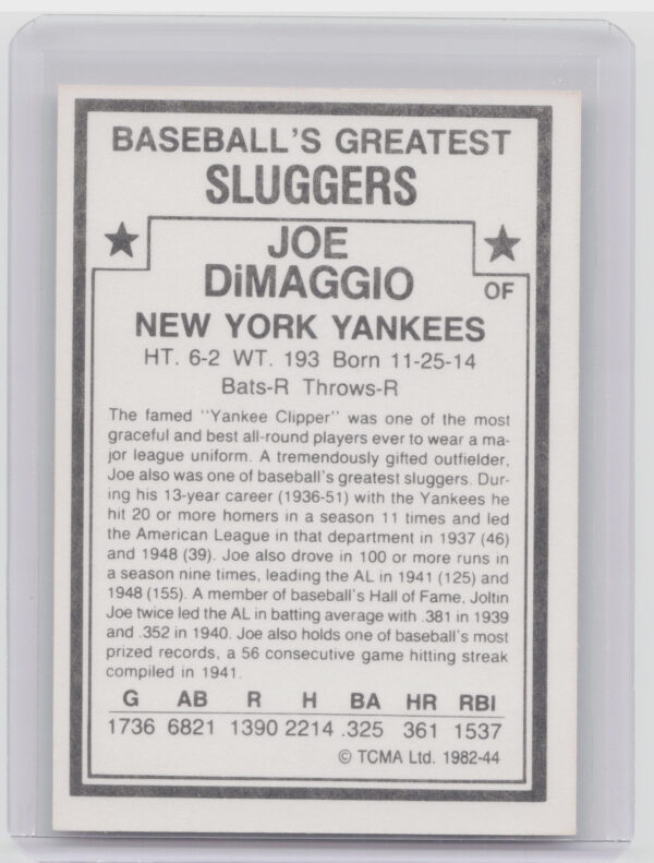 1982 TCMA Baseball's Greatest Sluggers (White Back) Joe DiMaggio #44 Yankees - Image 3