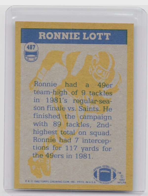 1982 Topps Ronnie Lott #487 49ers - Image 3