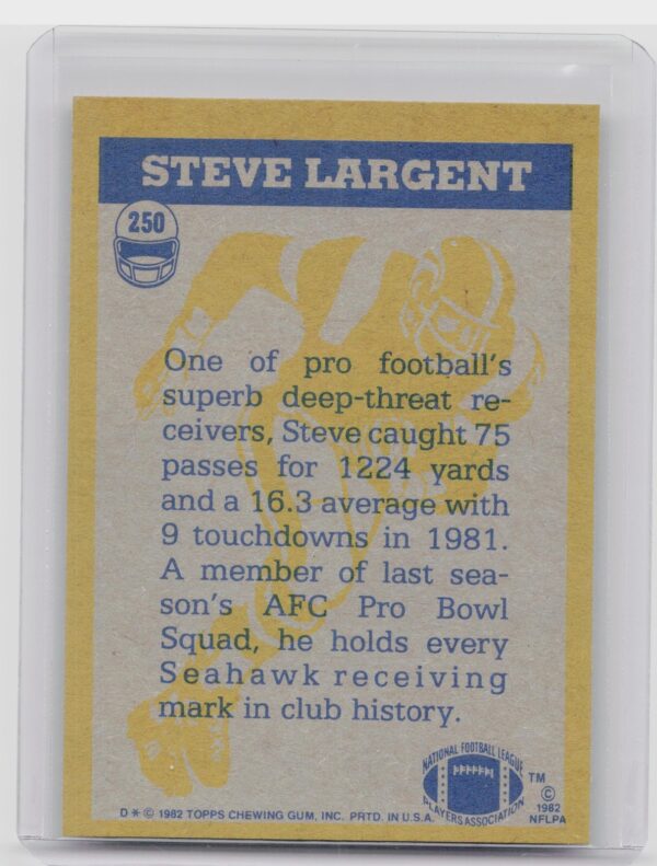 1982 Topps Steve Largent #250 Seahawks - Image 3