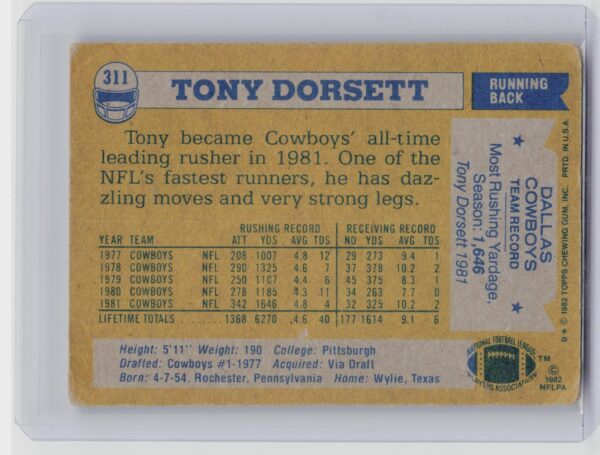 1982 Topps Tony Dorsett #311 Cowboys - Image 3