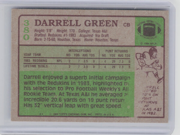 1984 Topps Darrell Green RC #380 Redskins - Image 3