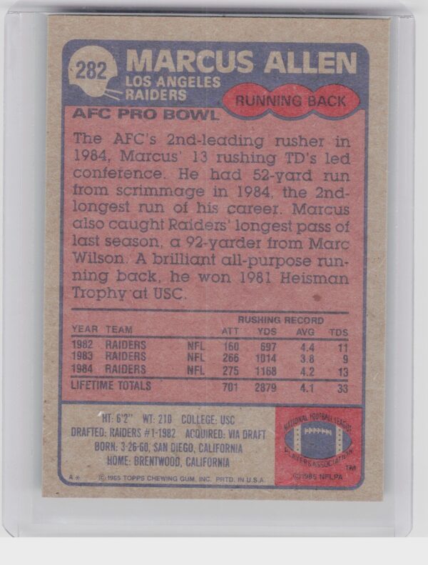 1985 Topps Marcus Allen #282 Raiders - Image 3