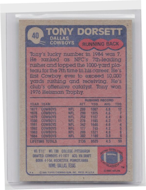 1985 Topps Tony Dorsett #40 Cowboys - Image 3