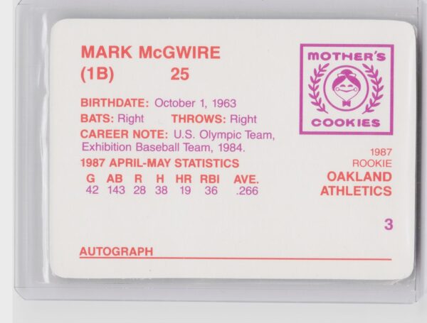 1987 Mother's Cookies Mark McGwire #3 Athletics - Image 3